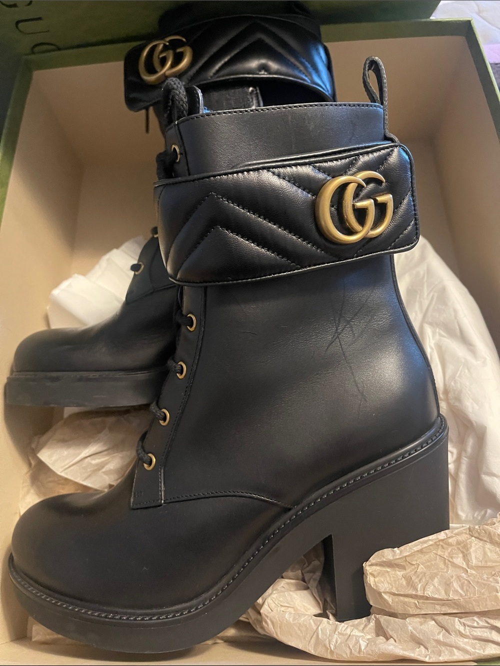 Gucci Black Leather Lace-Up Platform Ankle Boots with Gold GG Strap - Picture 3 of 5